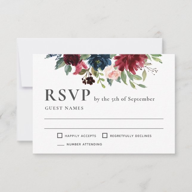 Boda floral de Borgoña y Marina RSVP (Anverso)