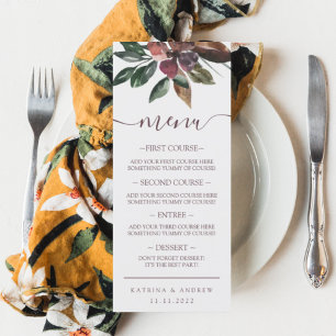 Boda floral de color de agua de otoño menú de cena