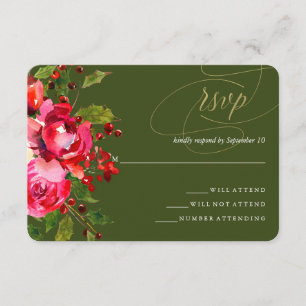 Boda floral de feriado verde profundo RSVP