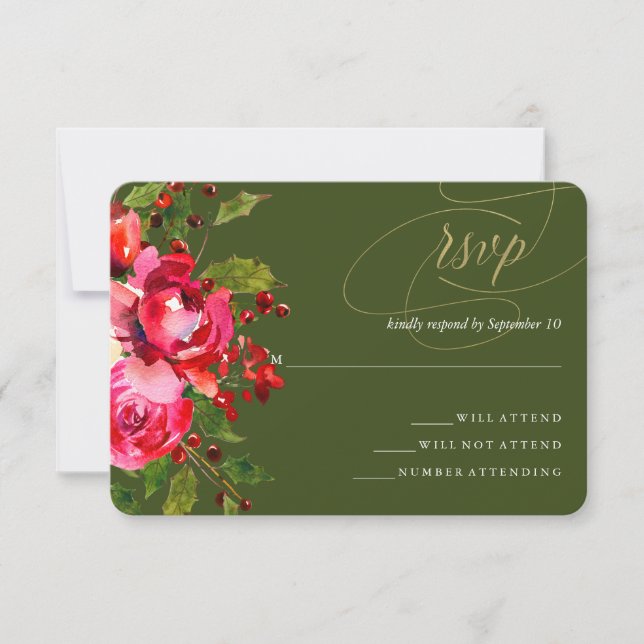 Boda floral de feriado verde profundo RSVP (Anverso)