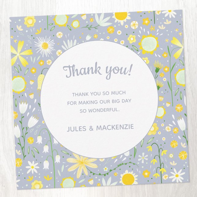 Boda Floral de Flor Silvestre Azul Botánico Gracia (Pastel yellow, white and blue wedding thank you card)