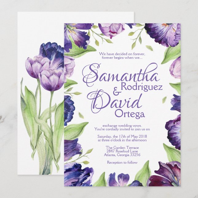 Boda Floral de invitación a bodas tulipanas morada (Anverso / Reverso)