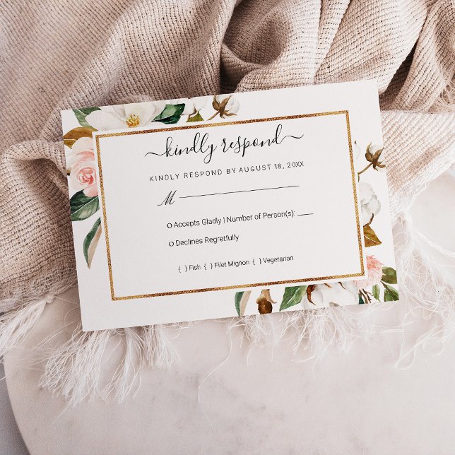 Boda floral de Magnolia blanca y Rubor RSVP (White & Blush Magnolia Floral Wedding RSVP Card)