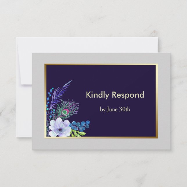 Boda floral de marco dorado azul Boho RSVP (Anverso)