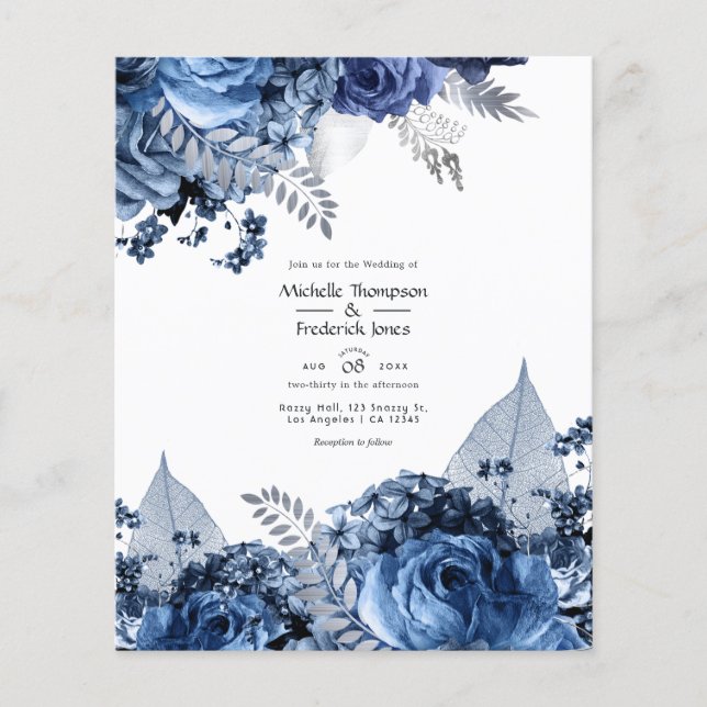 Boda floral de Navy y Blanco con hoja de plata (Frente)