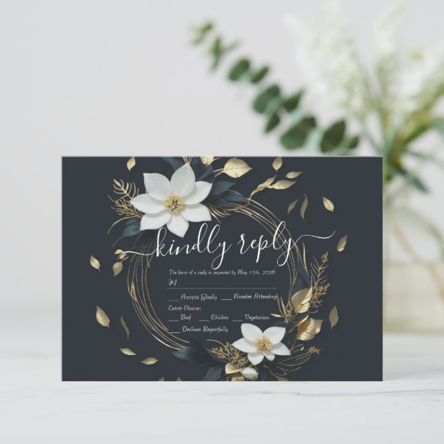Boda floral de oro blanco negro moderno RSVP (Anverso de pie)