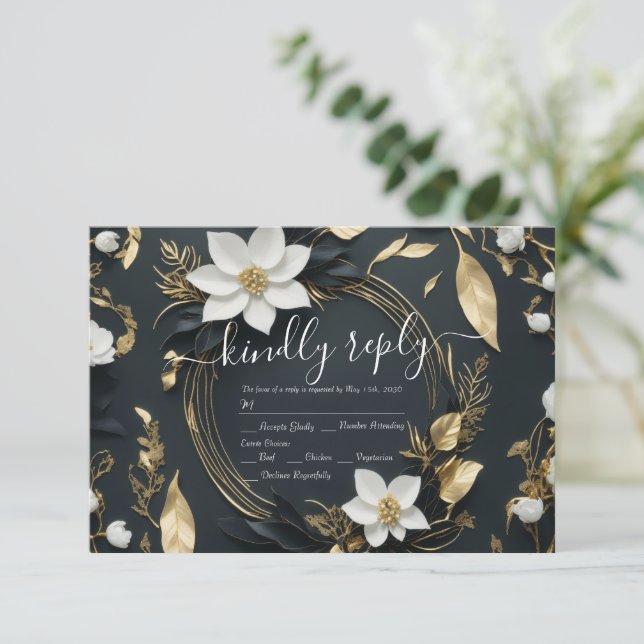 Boda floral de oro blanco negro moderno RSVP (Anverso de pie)