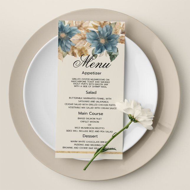 Boda floral de otoño de marfil azul  Menú (Blue ivory gold fall spring floral Wedding Menu)