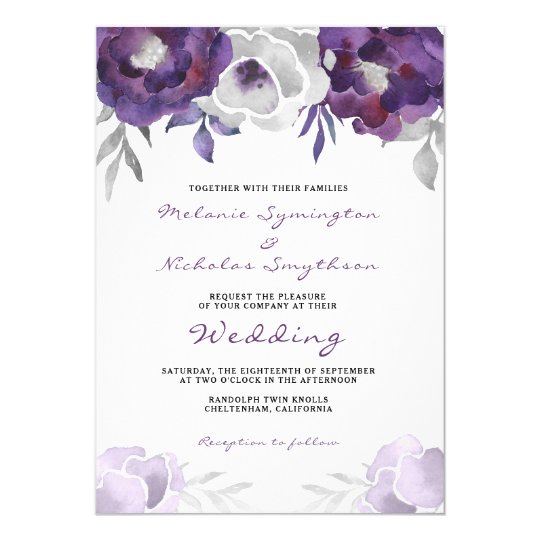 Boda floral de plata púrpura 3963 de la acuarela invitación 12,7 x 17,8 cm