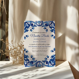 Boda Floral de Talavera Majólica Azul Invitación d