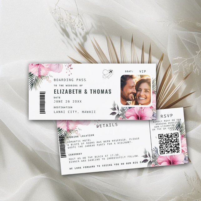 Boda floral de tarjetas de embarque de destino tro (destination wedding invitation tropical hawaii boarding pass hibiscus floral pink watercolor)