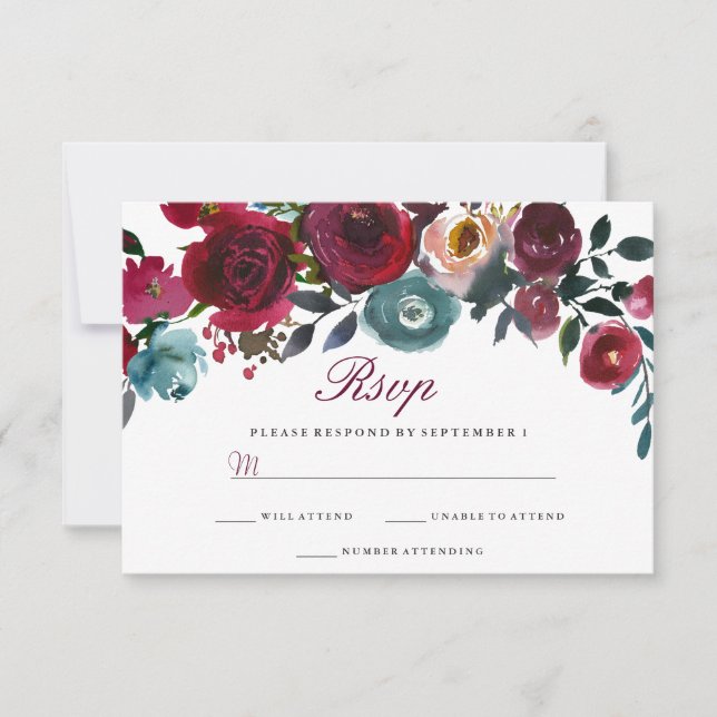 Boda floral de vino rojo borgoña RSVP (Anverso)
