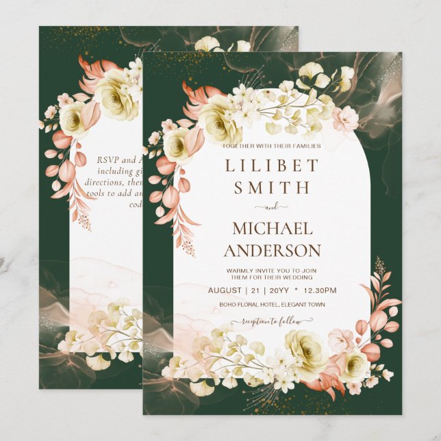 Boda floral del boho verde esmeralda (Anverso / Reverso)