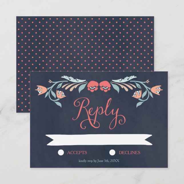 Boda Floral Elegante de Carbón Azul RSVP (Anverso / Reverso)