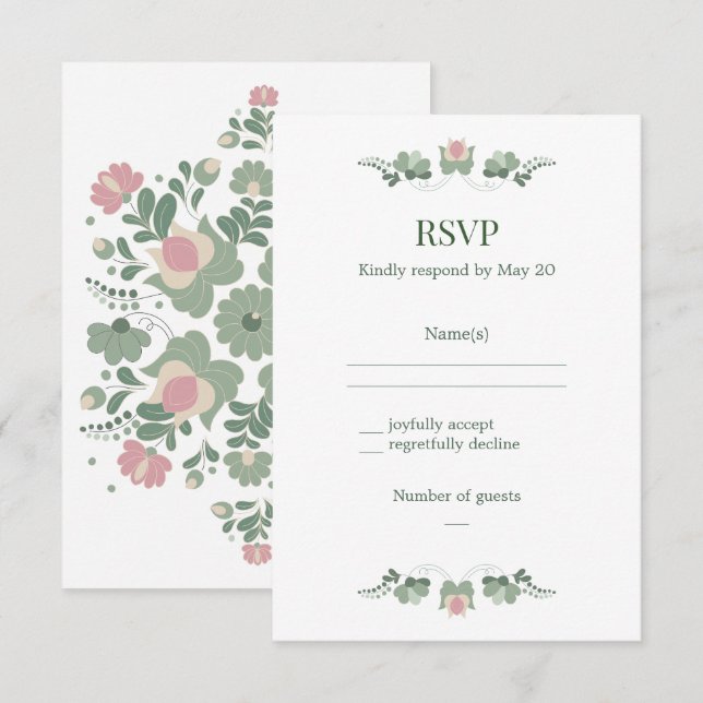 Boda floral folk verde salvia RSVP (Anverso / Reverso)