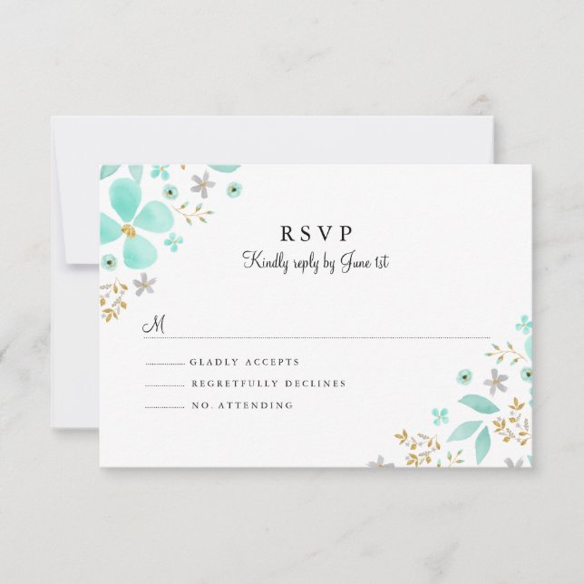 Boda Floral Gold Mint Leaf Wedding RSVP (Anverso)