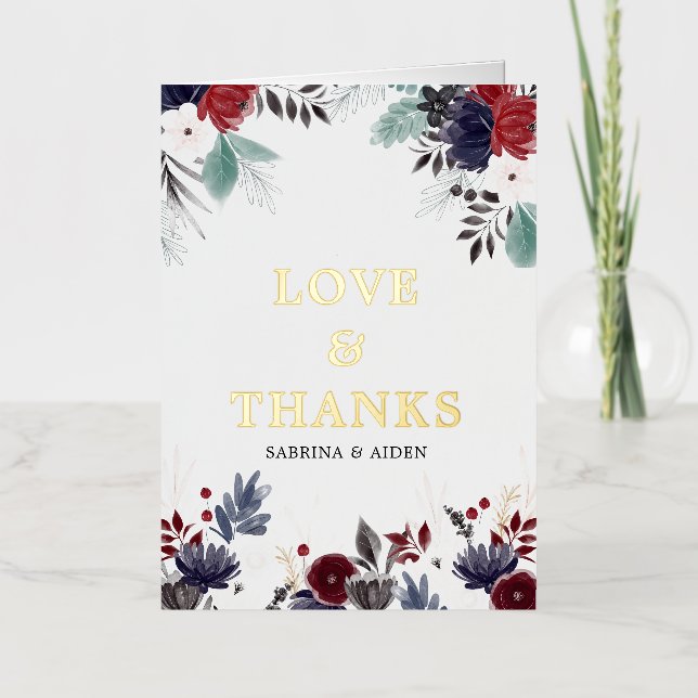 Boda floral gótica borgoña azul marino Gracias (Anverso)