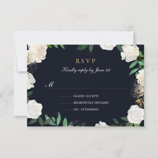Boda Floral Leaf Rubor Navy Gold RSVP (Anverso)
