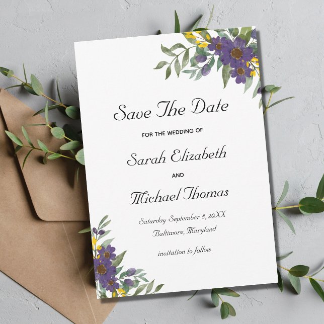 Boda floral morada amarilla salva la tarjeta de fe (Subido por el creador)