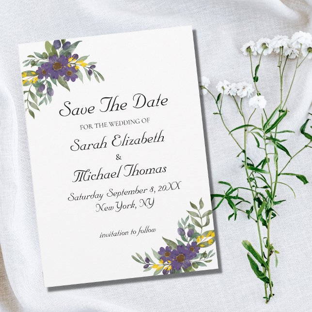 Boda floral morada amarilla salva la tarjeta de fe (Subido por el creador)