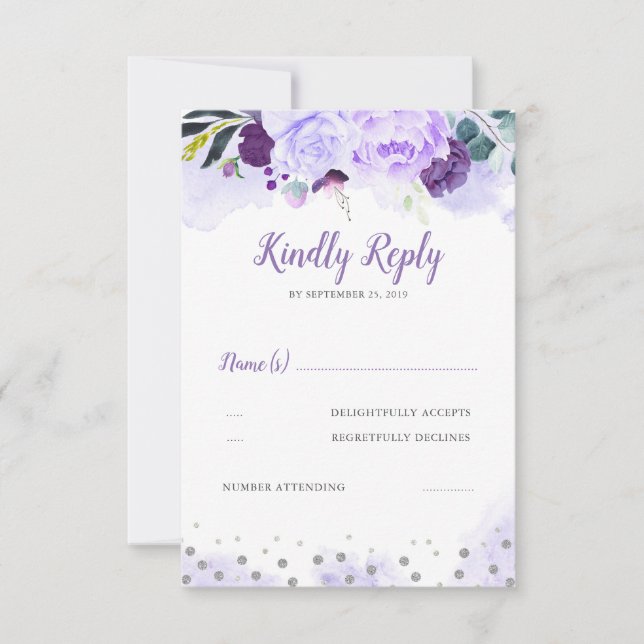 Boda floral morada y plateada RSVP (Anverso)