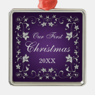 Boda floral morado y plateado Ornamento Keepsake