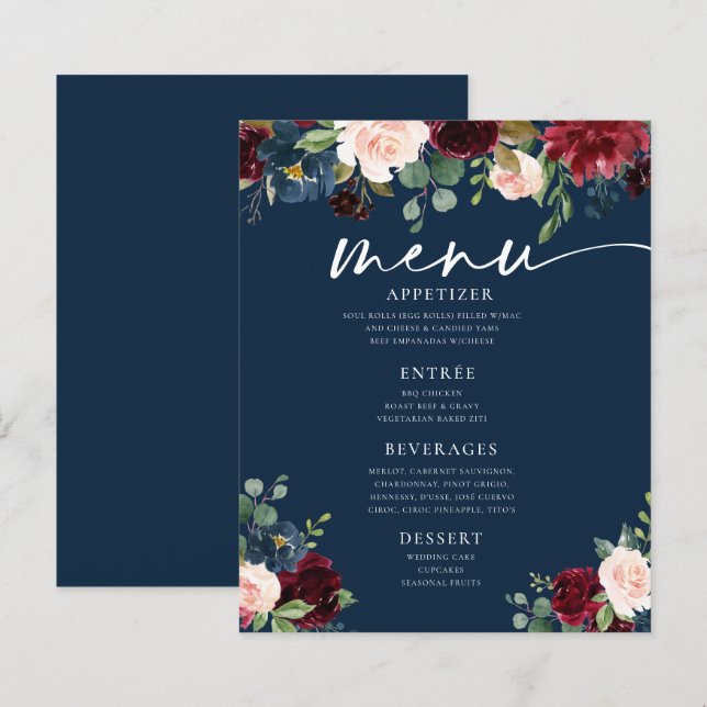Boda floral Navy Burgundy Rubor Menú plano (Anverso / Reverso)