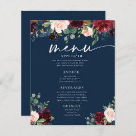 Boda floral Navy Burgundy Rubor Menú plano