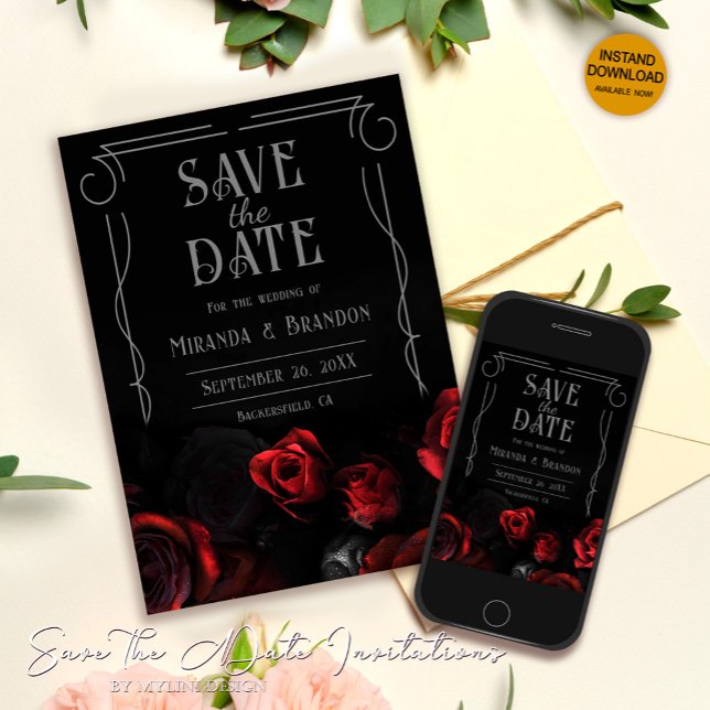 Boda floral negra y roja Salven la tarjeta de fech (Subido por el creador)