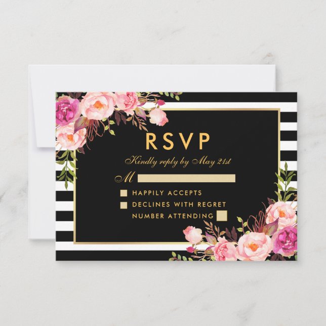 Boda Floral Pink Rubor Gold Black RSVP (Anverso)