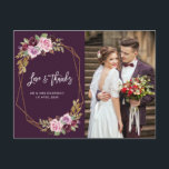 boda floral púrpura moderno tarjeta de fotos de ag<br><div class="desc">flores acuarelas con marco geométrico,  guión de brocha blanca y una imagen de los recién casados ,  se sienten libres de personalizar las características de esta tarjeta.</div>