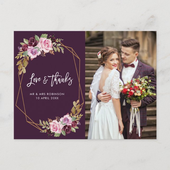 boda floral púrpura moderno tarjeta de fotos de ag (Anverso)