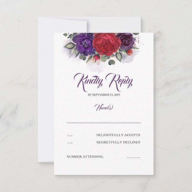 Boda Floral Roja Pluma Púrpura y Borgoña RSVP (Anverso)
