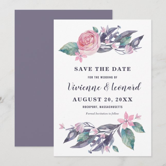 Boda floral rosa púrpura salva la tarjeta de fecha (Anverso / Reverso)