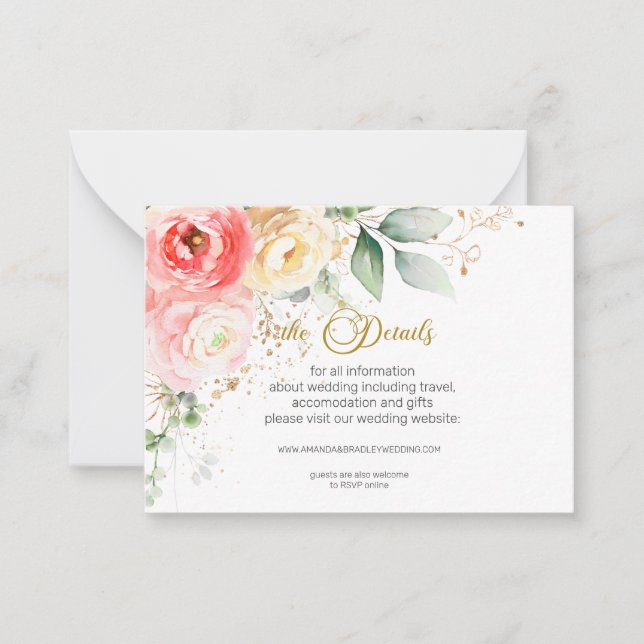 Boda floral rosa Rubor detalles tarjetas de gabine (Anverso)