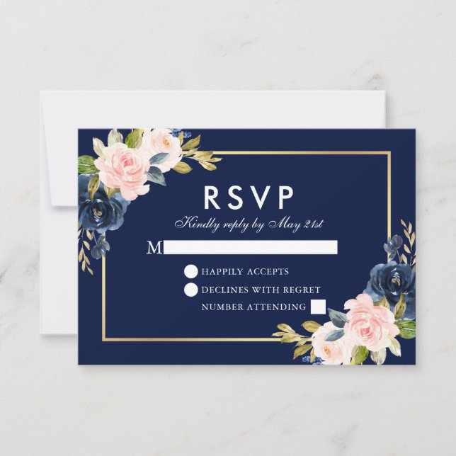 Boda floral rosa Rubor RSVP Oro Azul (Anverso)