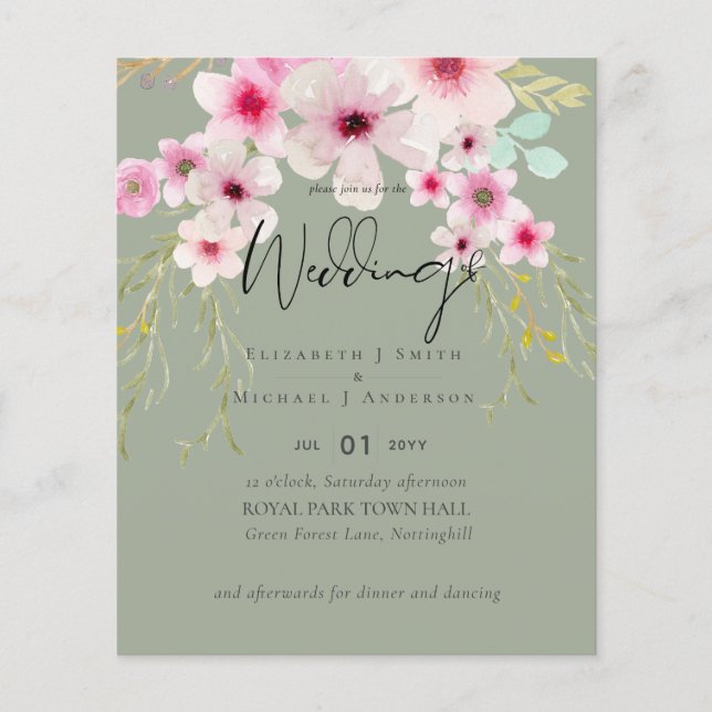 BODA Floral rosado de papel de viajero de presupue (Frente)