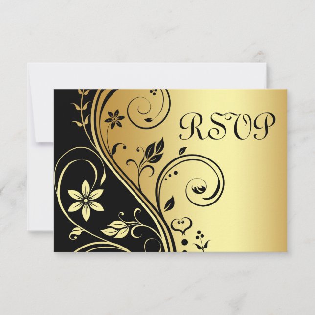 Boda Floral Rsvp Invitación de oro negro (Anverso)