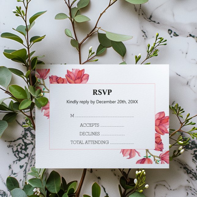 Boda floral RSVP Tarjeta blanca Magnolia rosa (Subido por el creador)