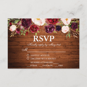 Boda floral Rustic Wood Burgundy RSVP w/Meal