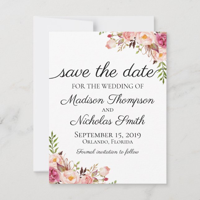 Boda Floral Rustica Rosa Salva La Tarjeta De Fecha (Anverso)