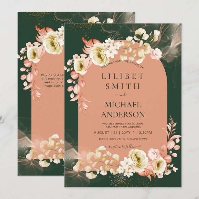 Boda floral verde de coral de temporada esmeralda (Anverso / Reverso)