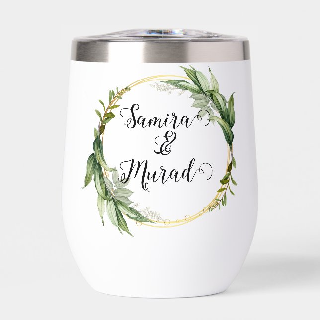 Boda floral verde Tumbler de vino térmico (Frente)