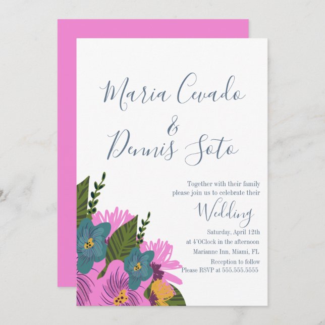 Boda  Florals con dibujos a mano Invitación a colo (Anverso / Reverso)