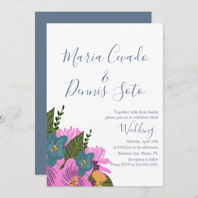 Boda  Florals con dibujos a mano Invitación a colo (Anverso / Reverso)