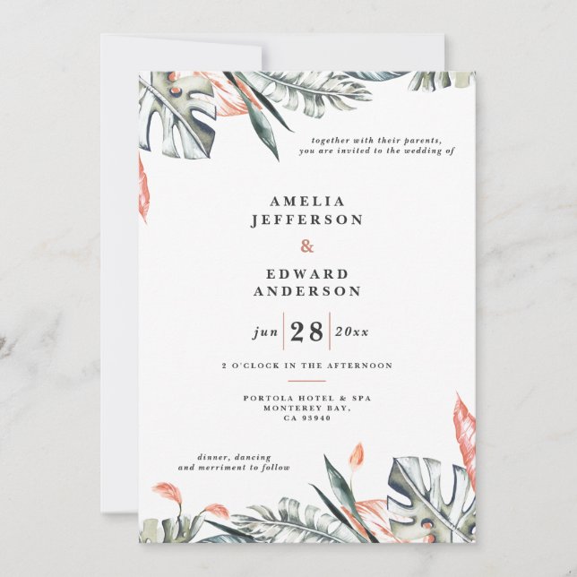 Boda foliáceo de hoja coral rosa y tropical (Anverso)