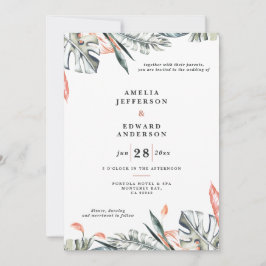 Boda foliáceo de hoja coral rosa y tropical