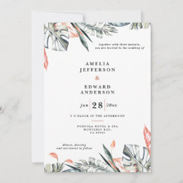 Boda foliáceo de hoja coral rosa y tropical