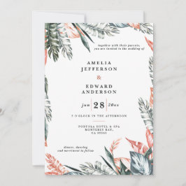 Boda foliáceo de hoja coral rosa y tropical