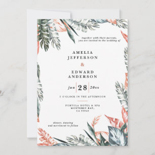 Boda foliáceo de hoja coral rosa y tropical